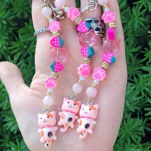 Pink Cat Keychain - Handmade